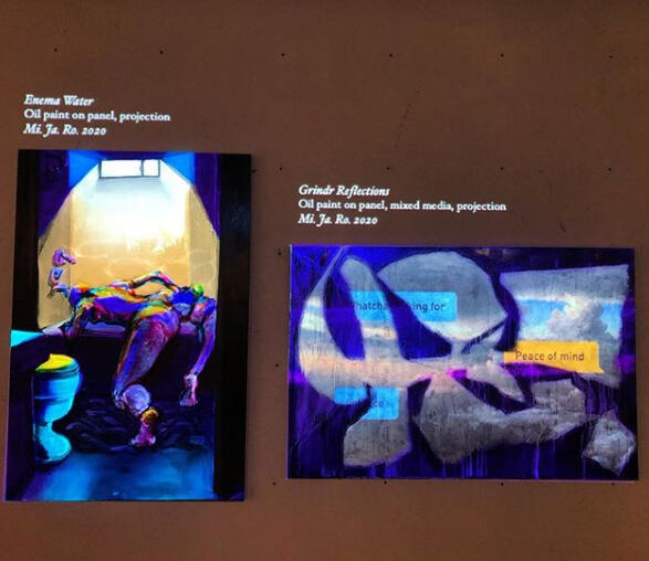 Enema Water, Grindr Reflections, oil on panel with projection